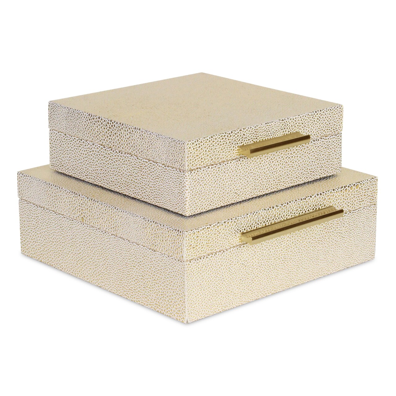 Contemporary Home Living Set of 2 White and Gold Square Faux Shagreen Decorative Box with Handles 9.75"